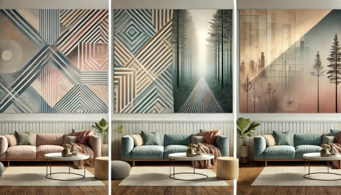 DALL·E 2024 12 19 09.06.49 A set of creative wall murals for a living room, featuring a variety of modern designs. One mural showcases an abstract geometric pattern with a blend